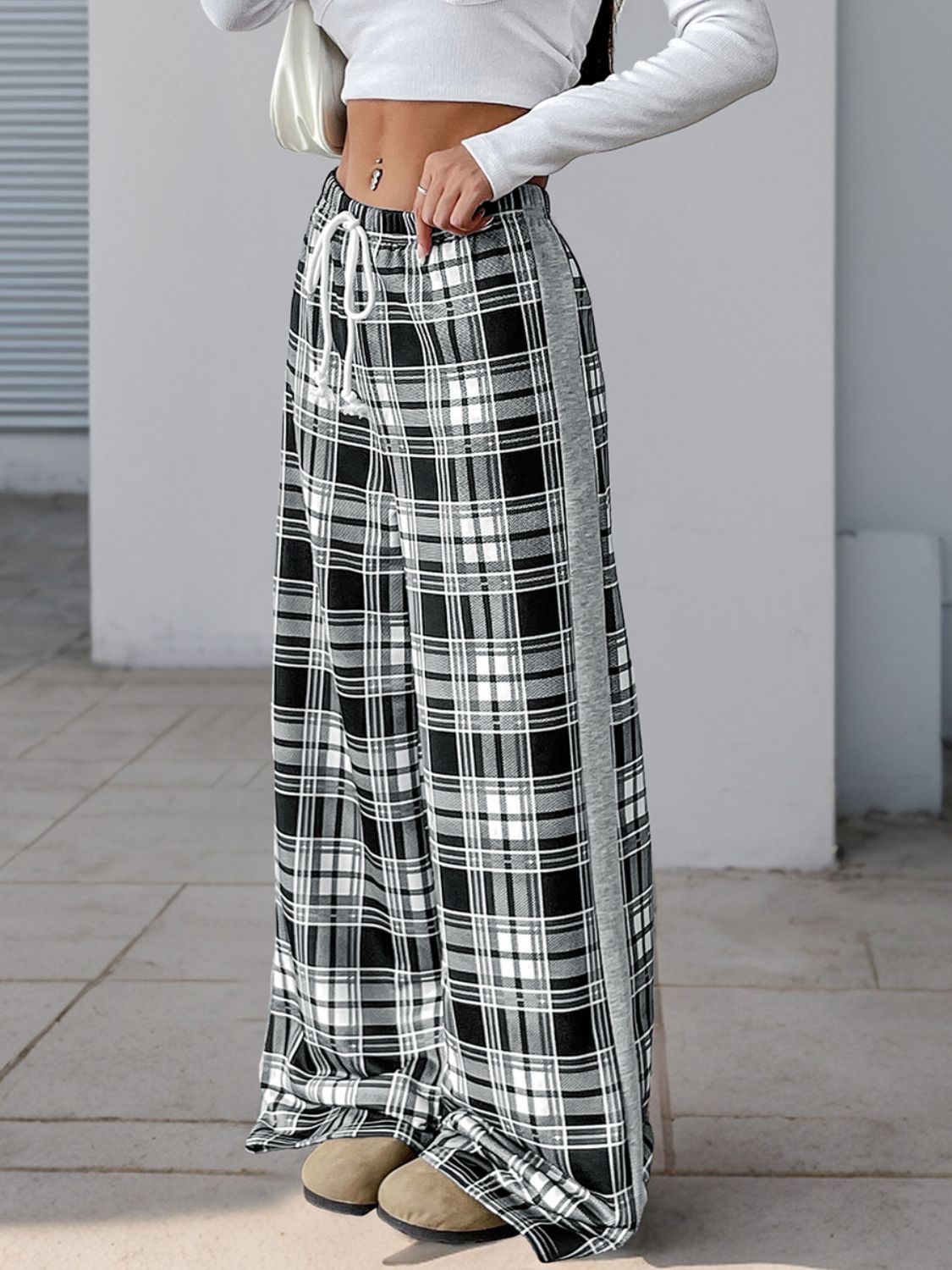 Drawstring Plaid Wide Leg Pants