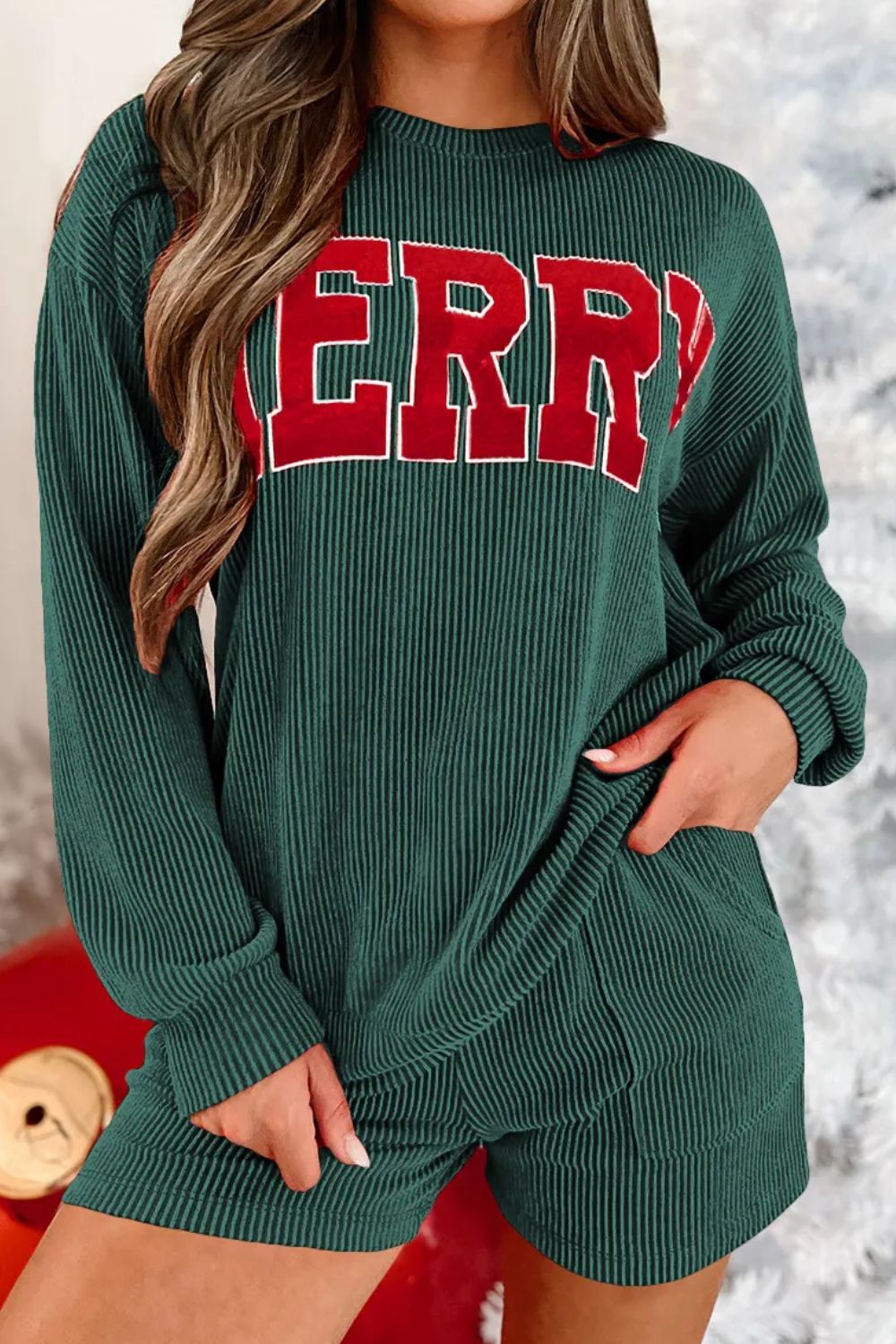 MERRY Round Neck Long Sleeve Top and Shorts Lounge Set (Copy)