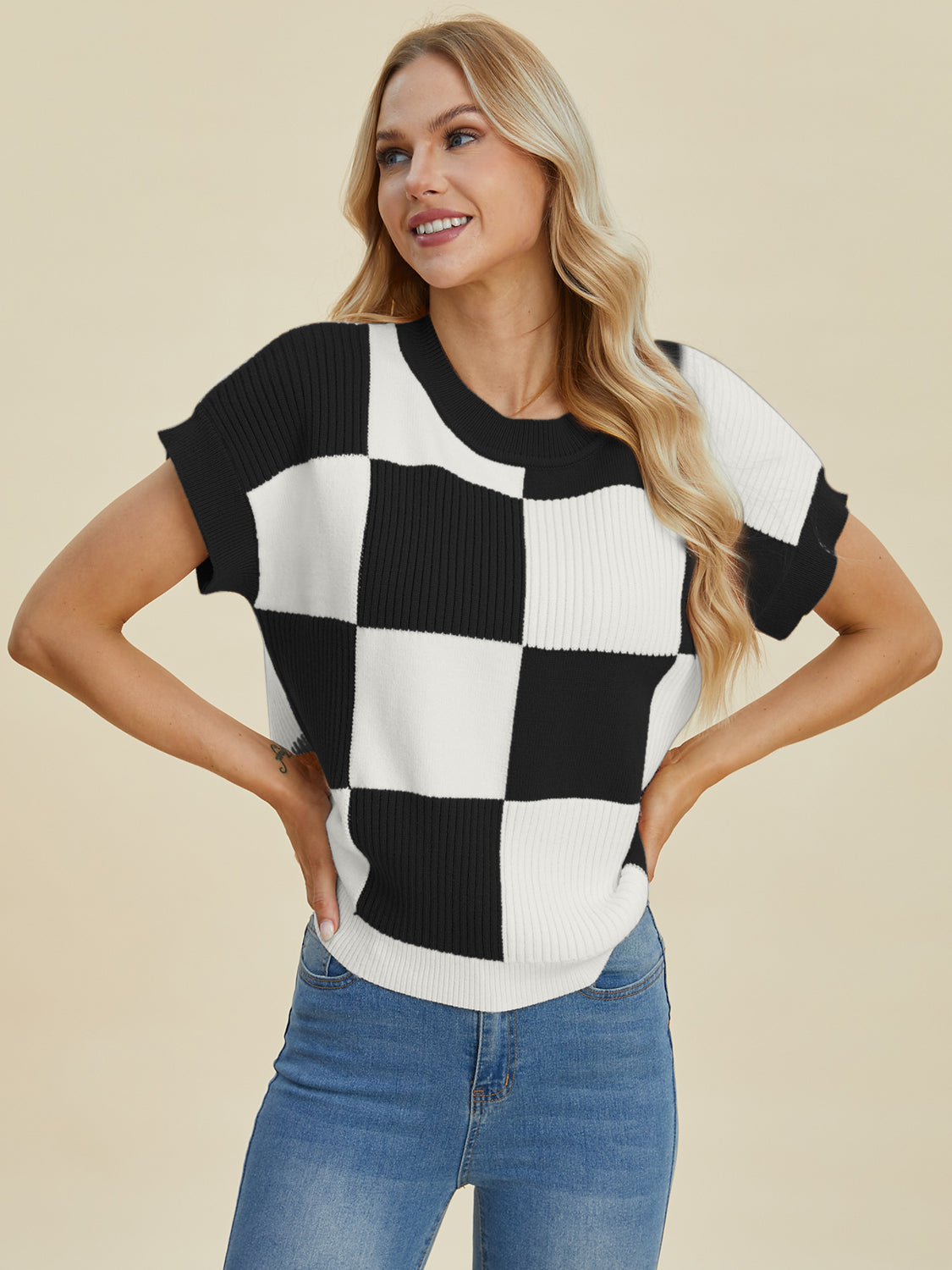 Full Size Checkered Round Neck Short Sleeve Sweater