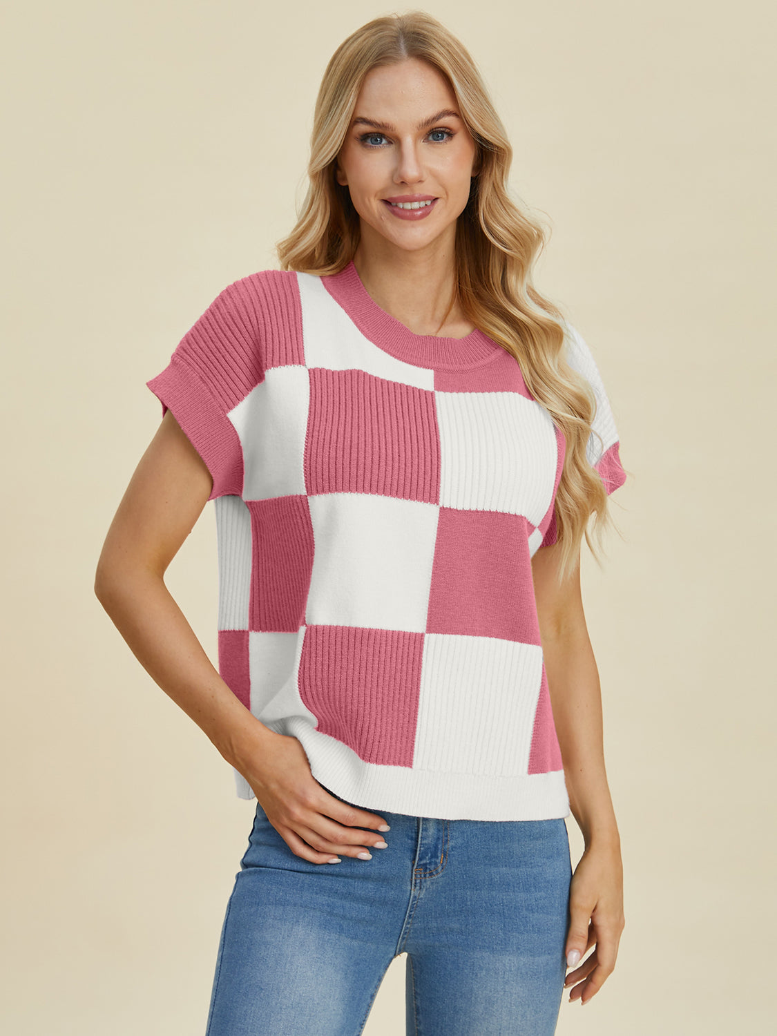 Full Size Checkered Round Neck Short Sleeve Sweater