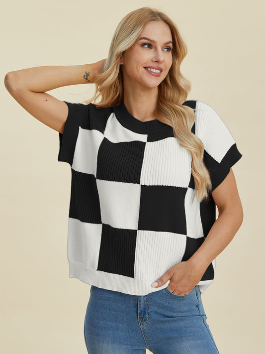 Full Size Checkered Round Neck Short Sleeve Sweater