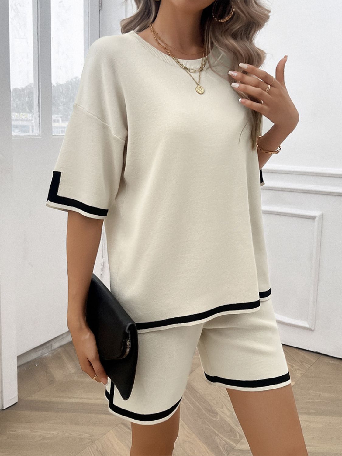 Trim Round Neck Top and Shorts Set