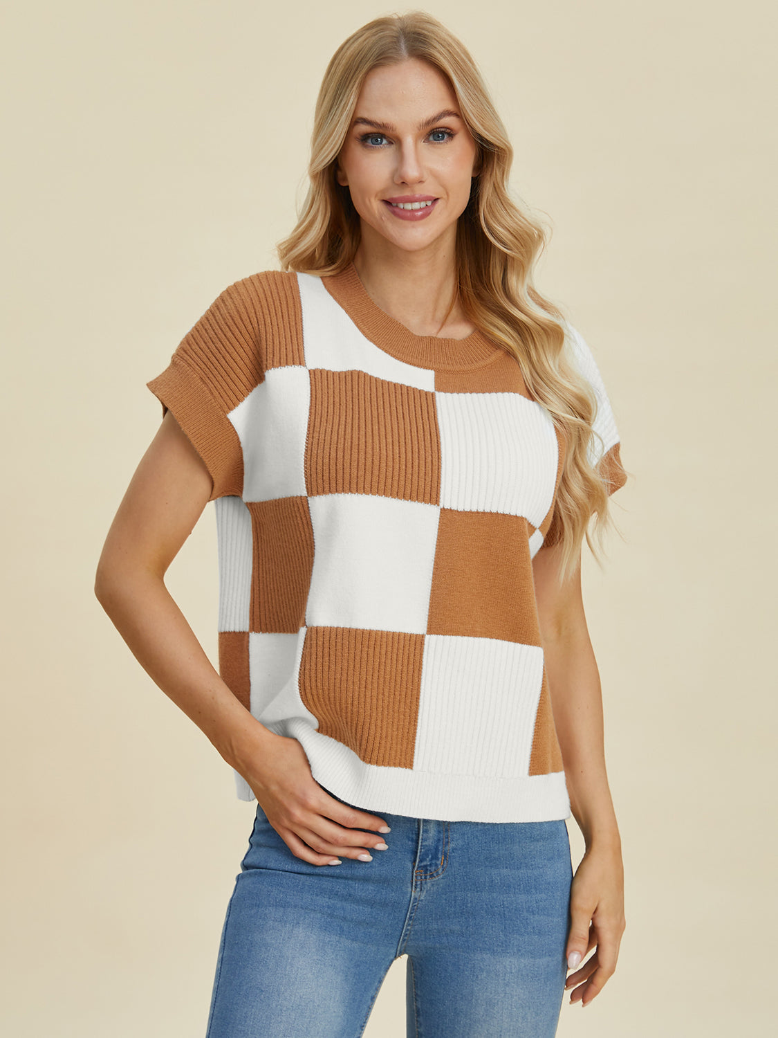 Full Size Checkered Round Neck Short Sleeve Sweater