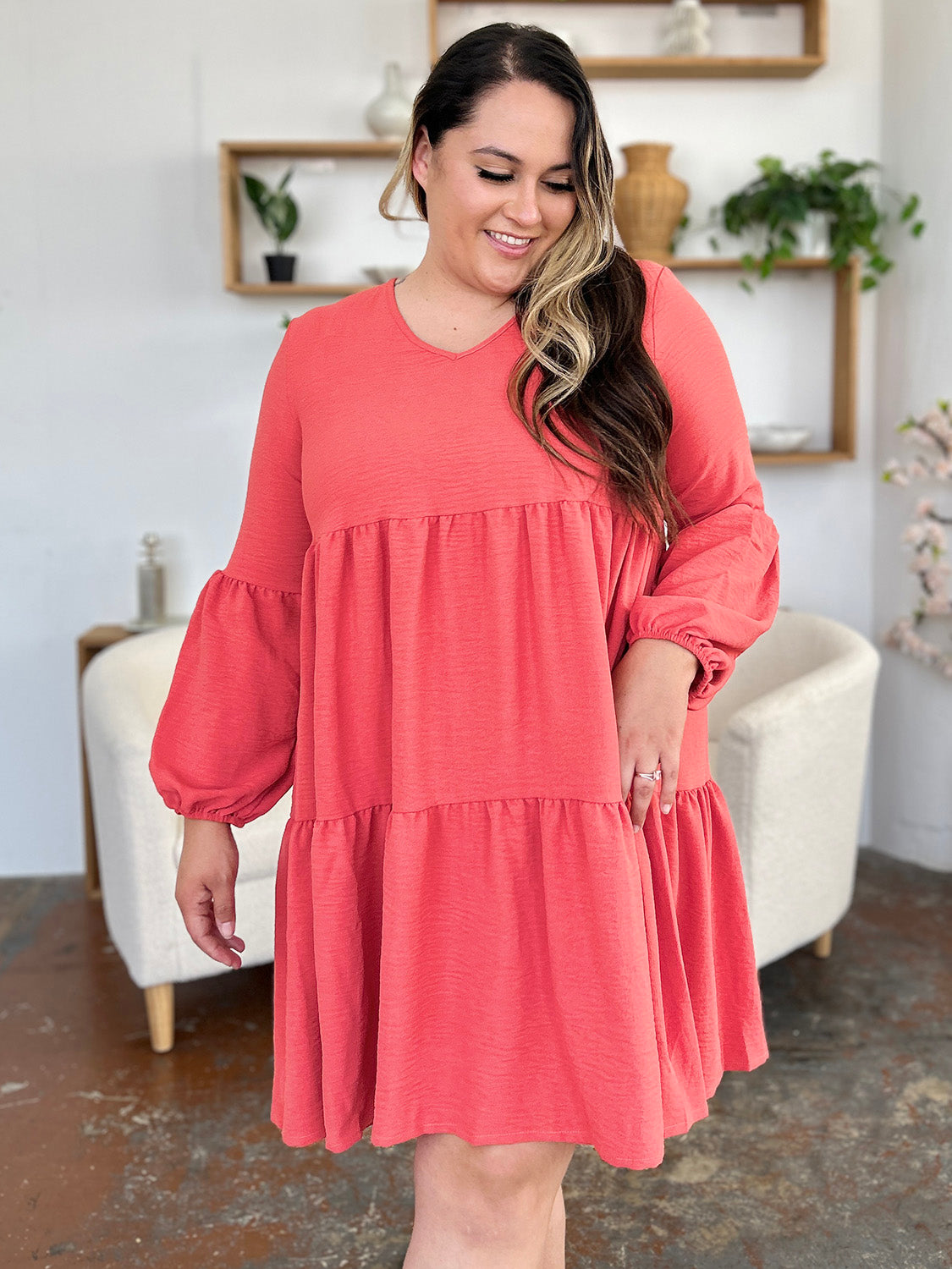 Full Size V-Neck Balloon Sleeve Tiered Dress with Pockets