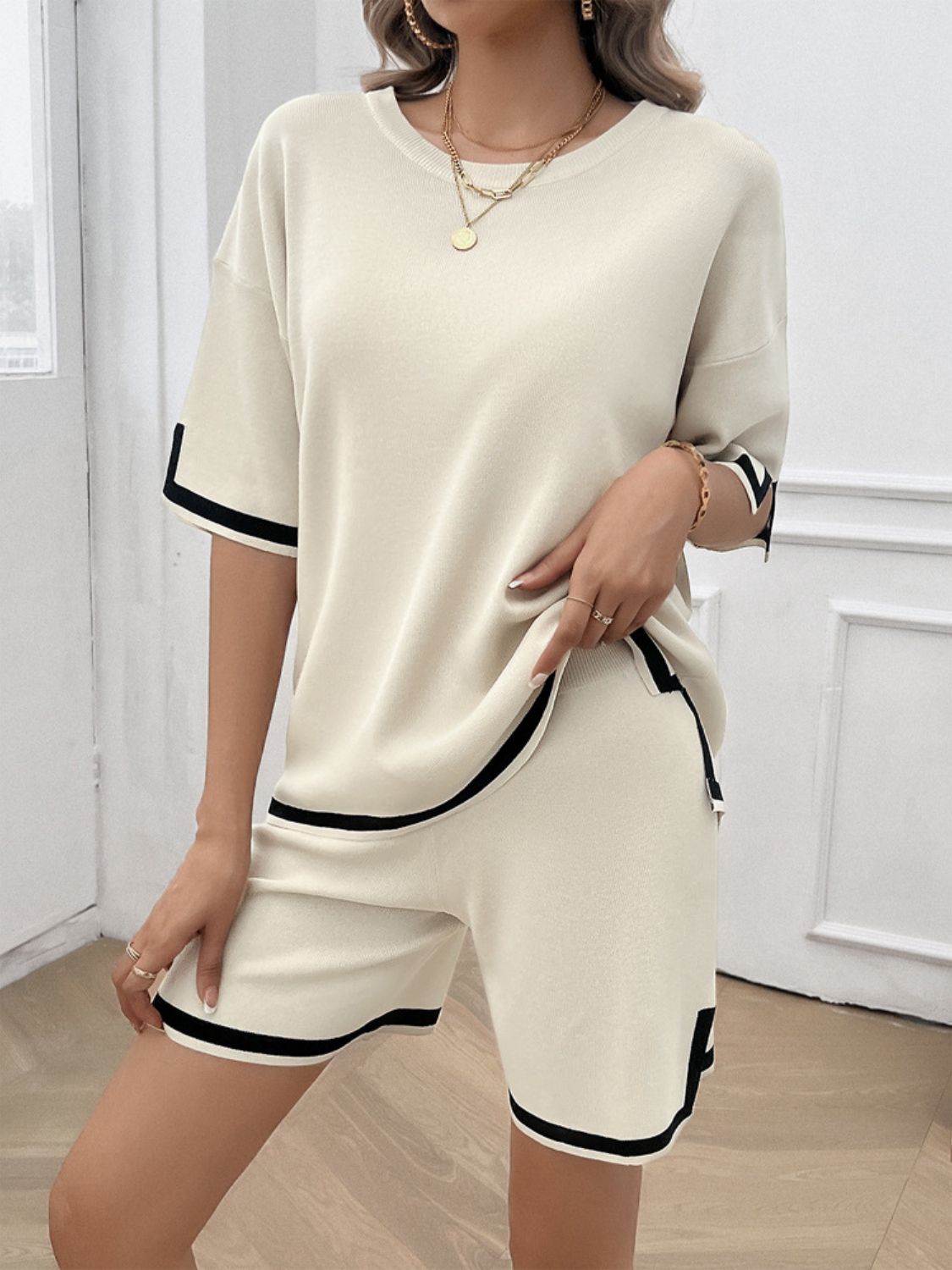 Trim Round Neck Top and Shorts Set