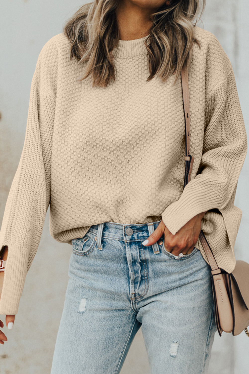 Textured Round Neck Long Sleeve Sweater