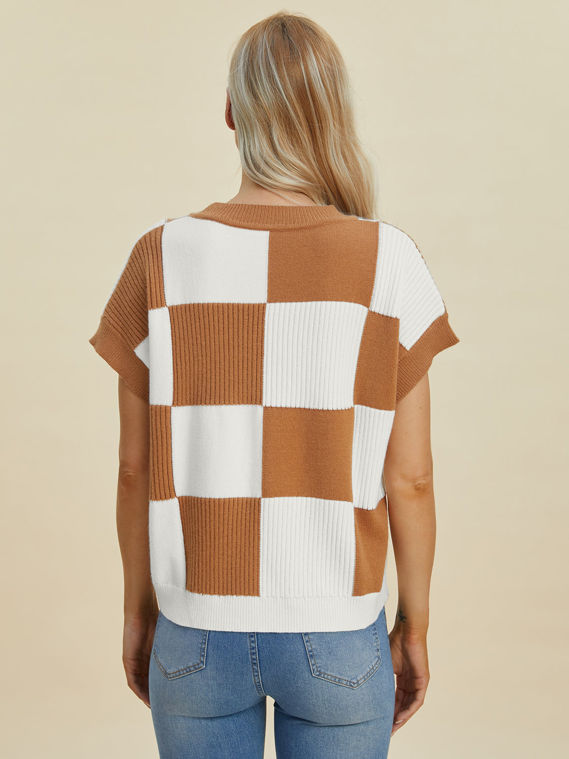 Full Size Checkered Round Neck Short Sleeve Sweater