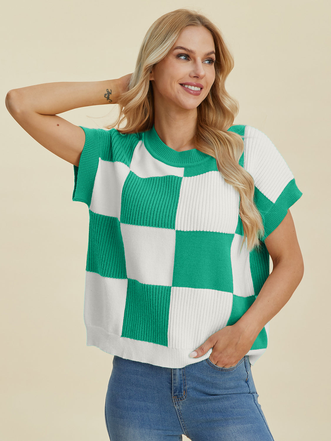 Full Size Checkered Round Neck Short Sleeve Sweater