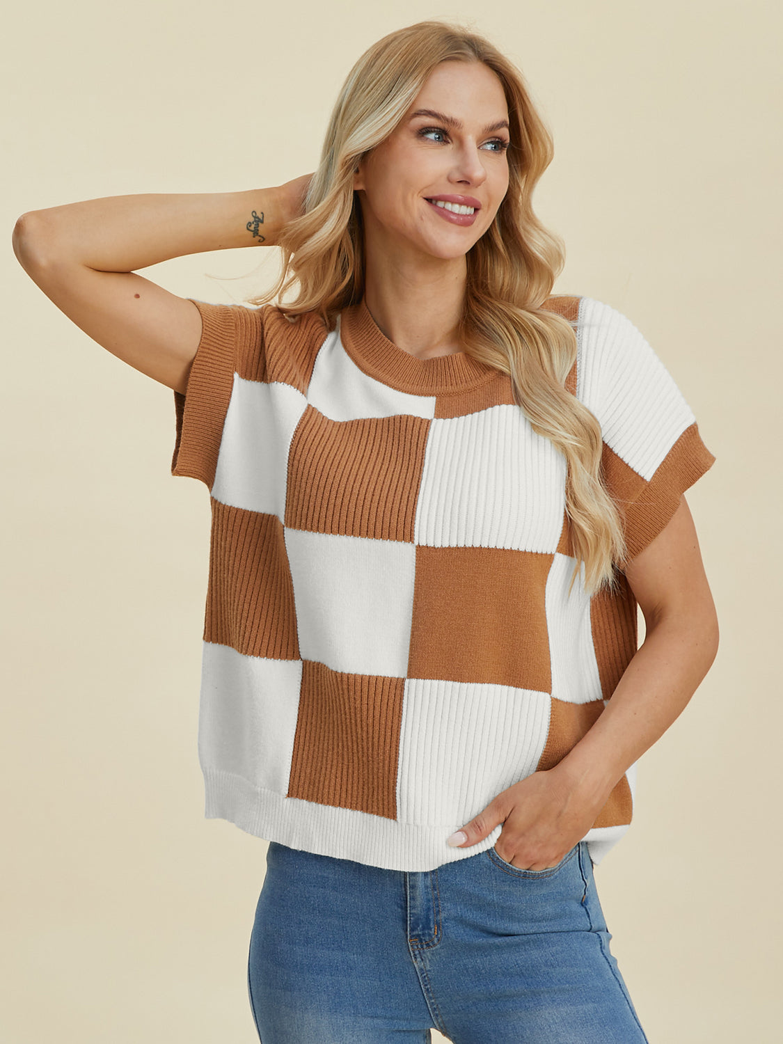 Full Size Checkered Round Neck Short Sleeve Sweater