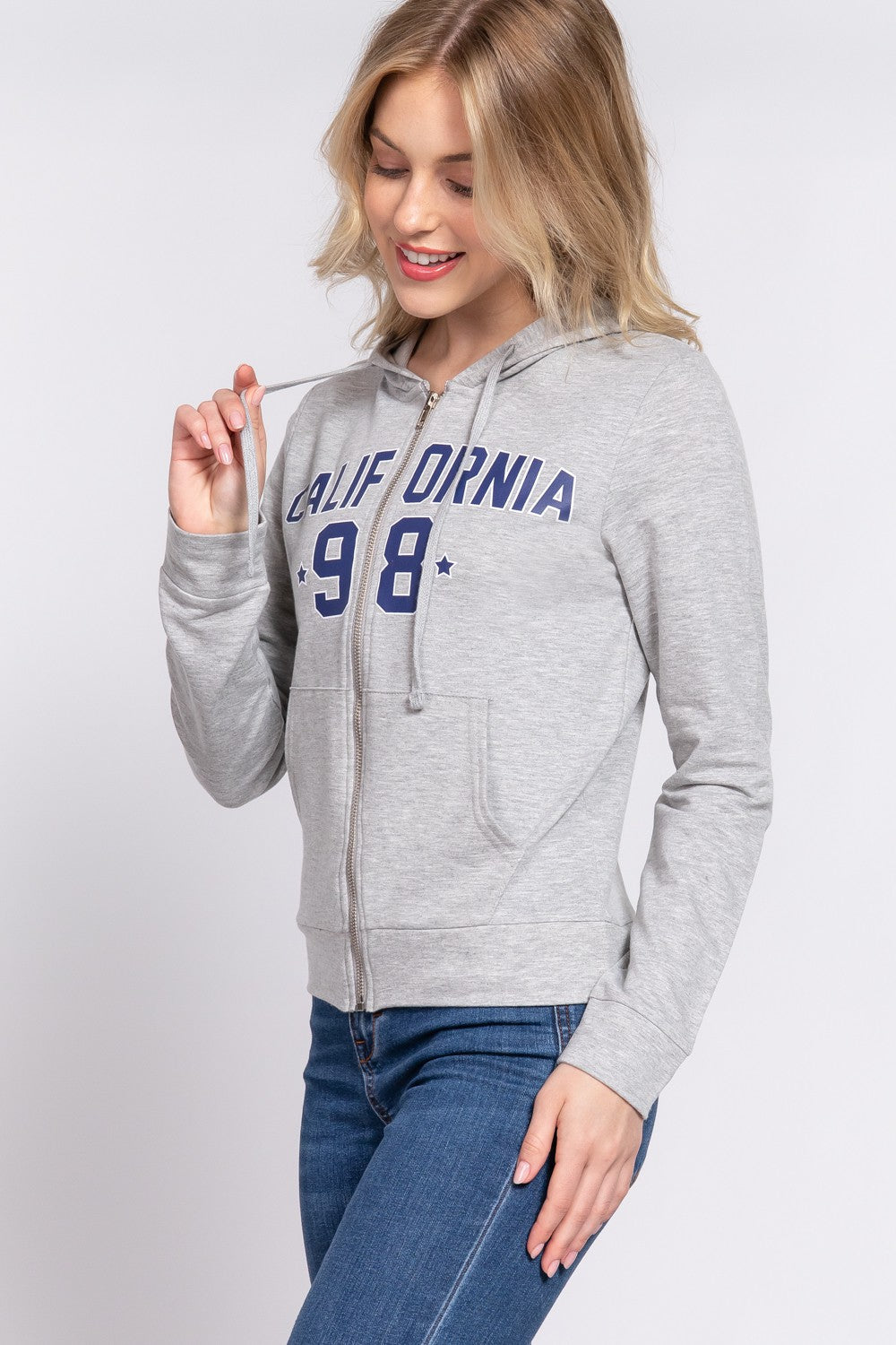 BASIC CALIFORNIA Zip Up Drawstring Long Sleeve Hoodie