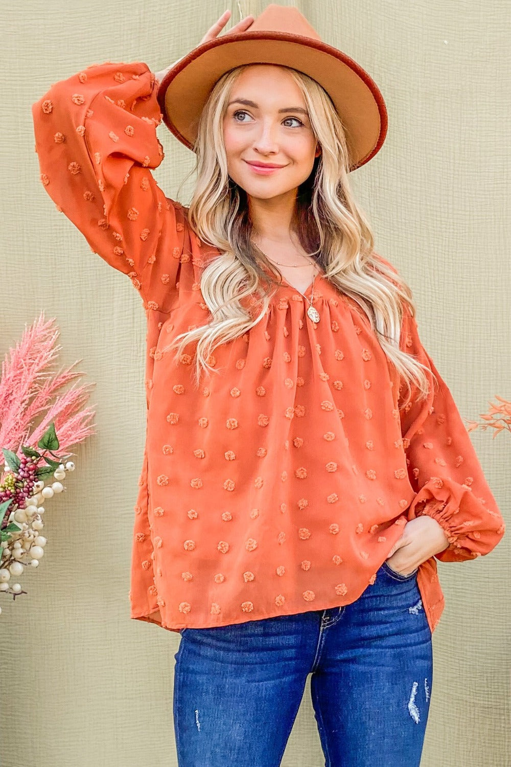 V Neck Balloon Sleeve Woven Blouse