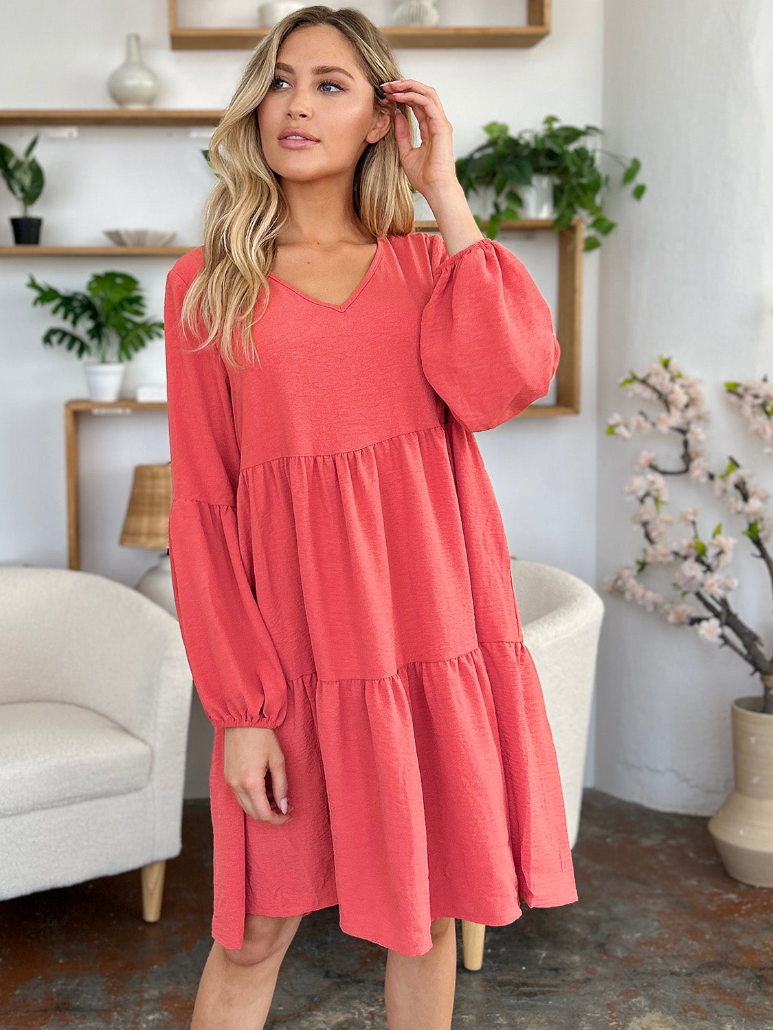 Full Size V-Neck Balloon Sleeve Tiered Dress with Pockets