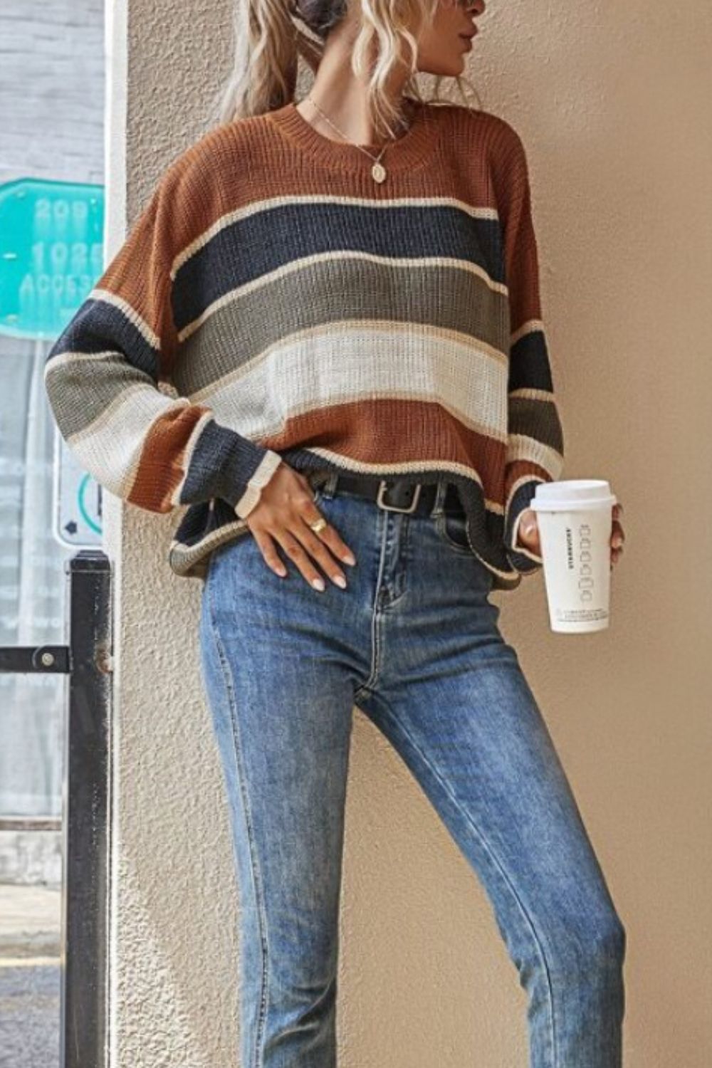 Contrast Striped Round Neck Long Sleeve Sweater