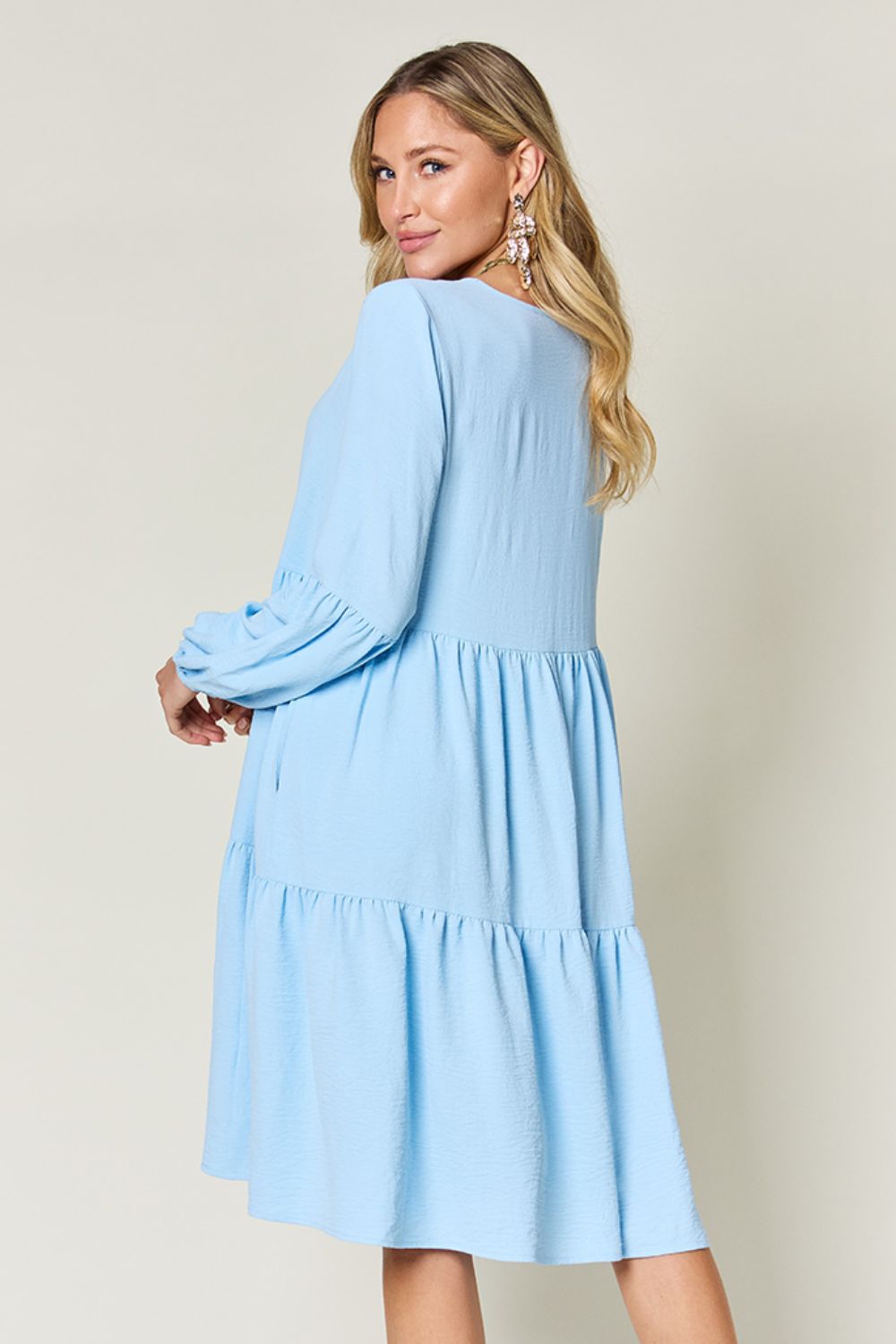 Full Size V-Neck Balloon Sleeve Tiered Dress with Pockets