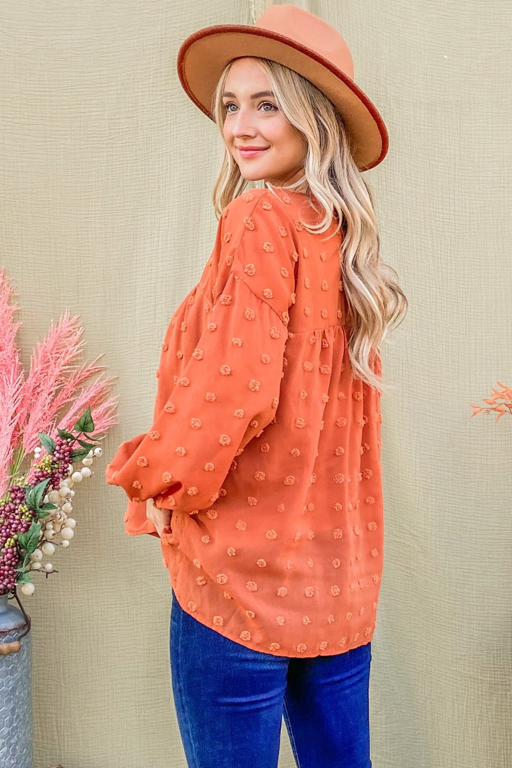 V Neck Balloon Sleeve Woven Blouse