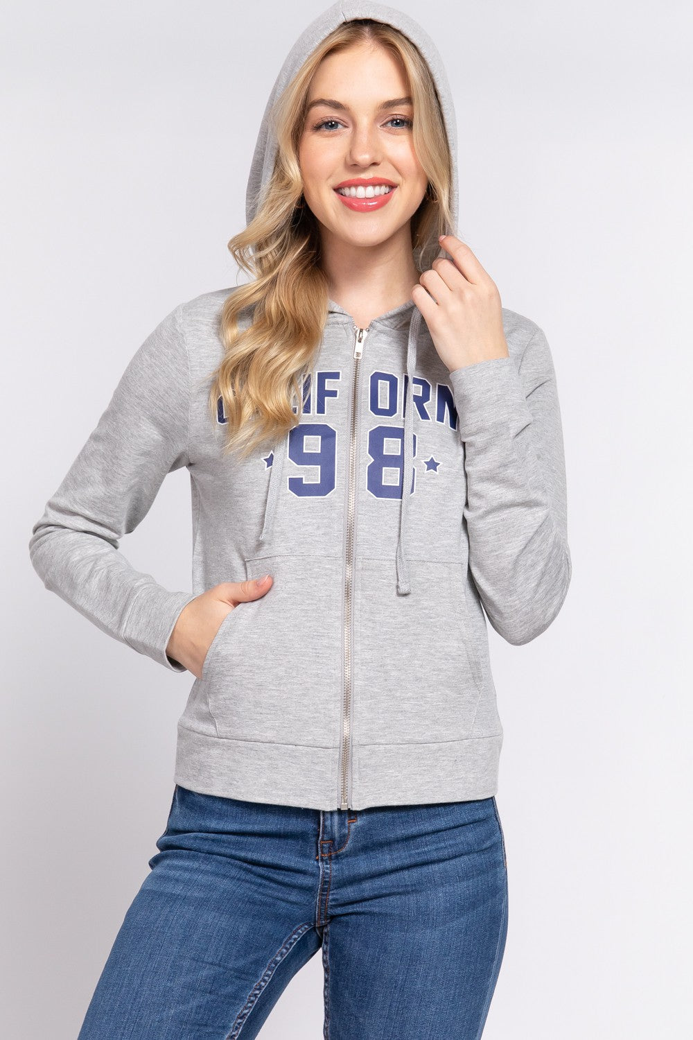 BASIC CALIFORNIA Zip Up Drawstring Long Sleeve Hoodie