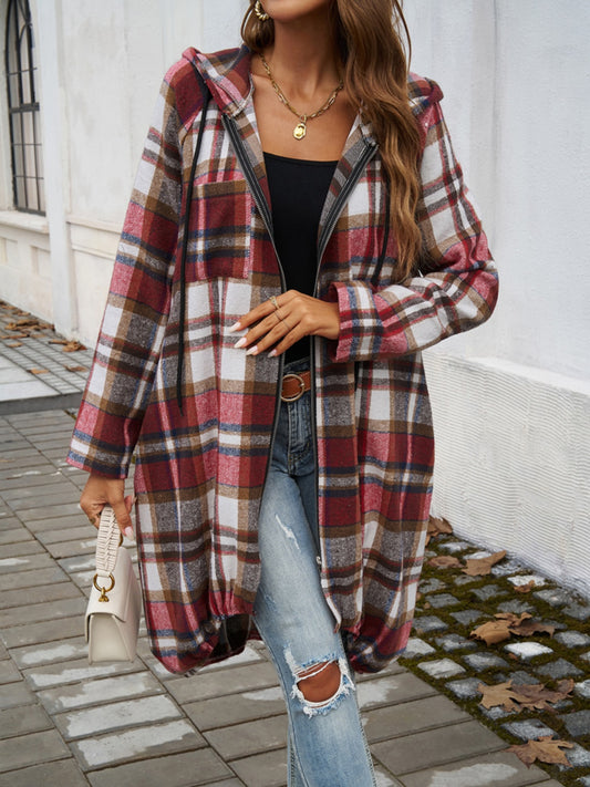 Plaid Zip Up Hooded Coat