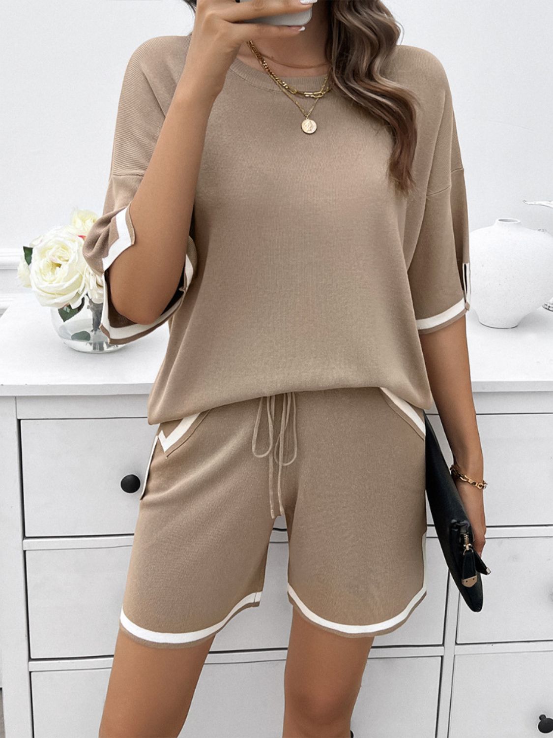 Trim Round Neck Top and Shorts Set