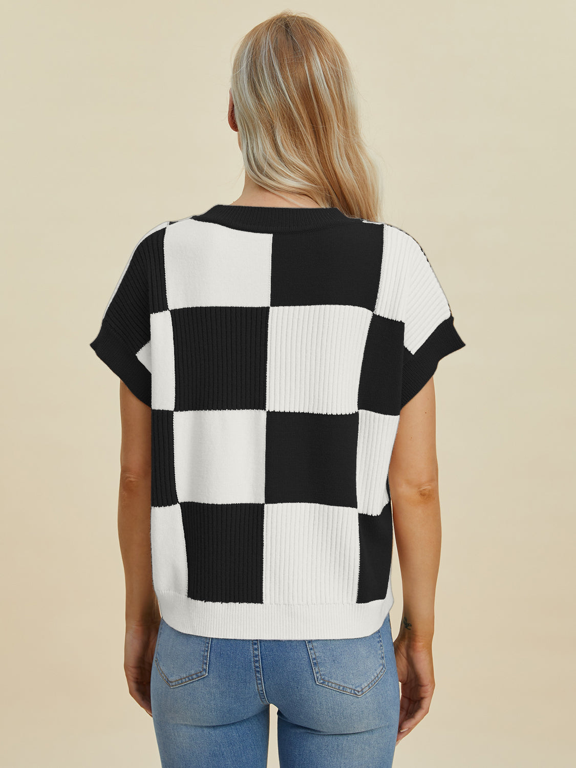 Full Size Checkered Round Neck Short Sleeve Sweater