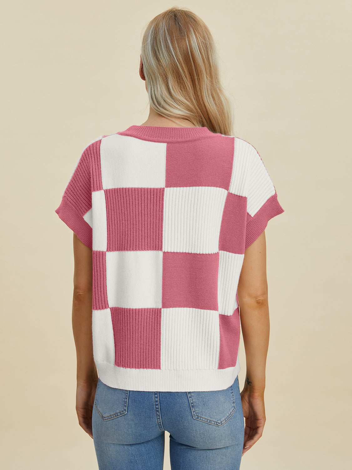 Full Size Checkered Round Neck Short Sleeve Sweater