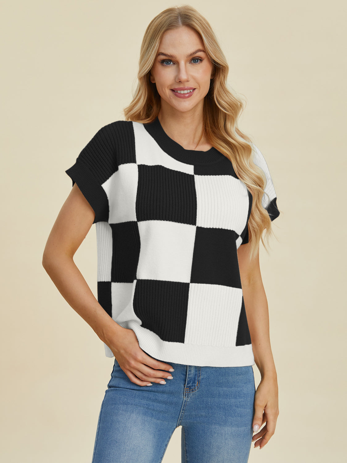 Full Size Checkered Round Neck Short Sleeve Sweater