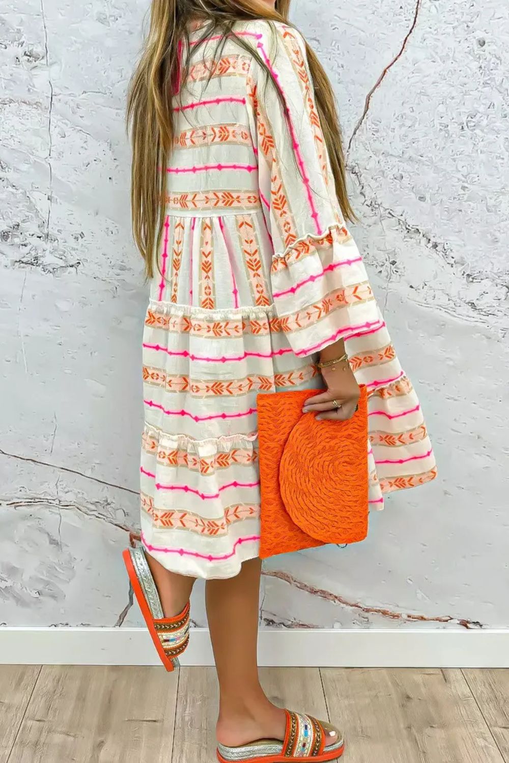 Printed Notched Long Sleeve Dress