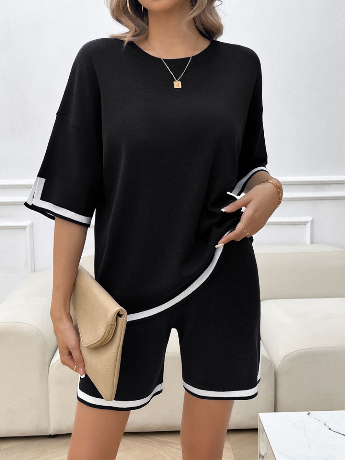 Trim Round Neck Top and Shorts Set