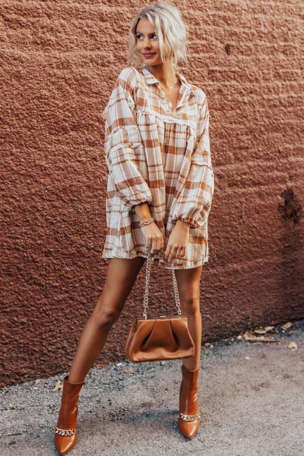 Plaid Collared Neck Long Sleeve Mini Shirt Dress