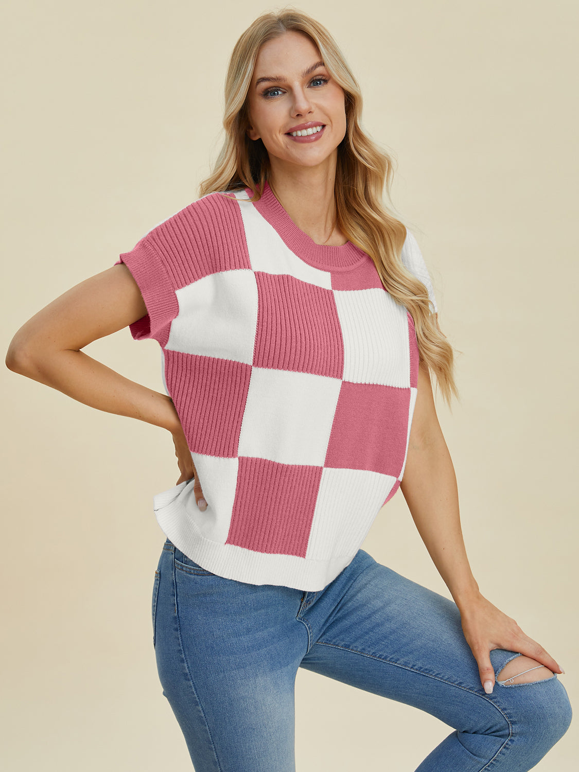 Full Size Checkered Round Neck Short Sleeve Sweater