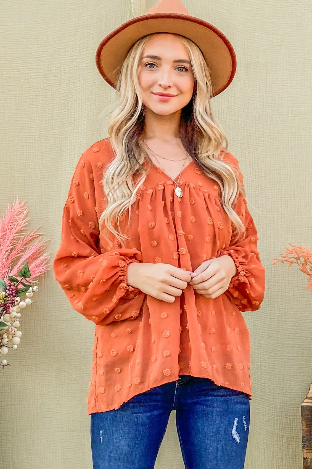 V Neck Balloon Sleeve Woven Blouse