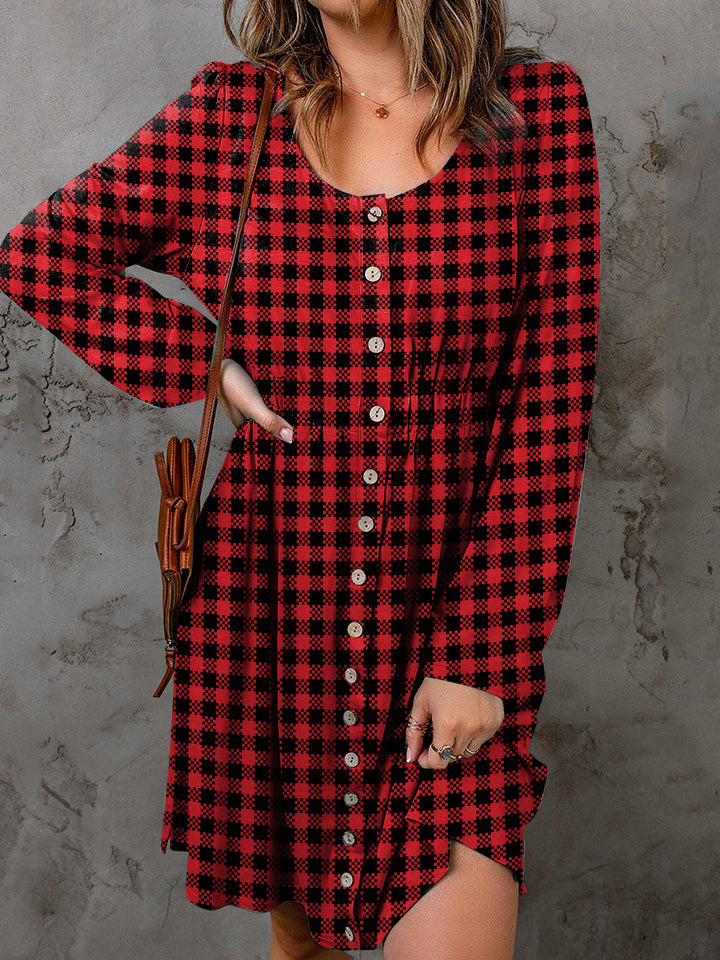 Full Size Plaid Round Neck Long Sleeve Magic Dress