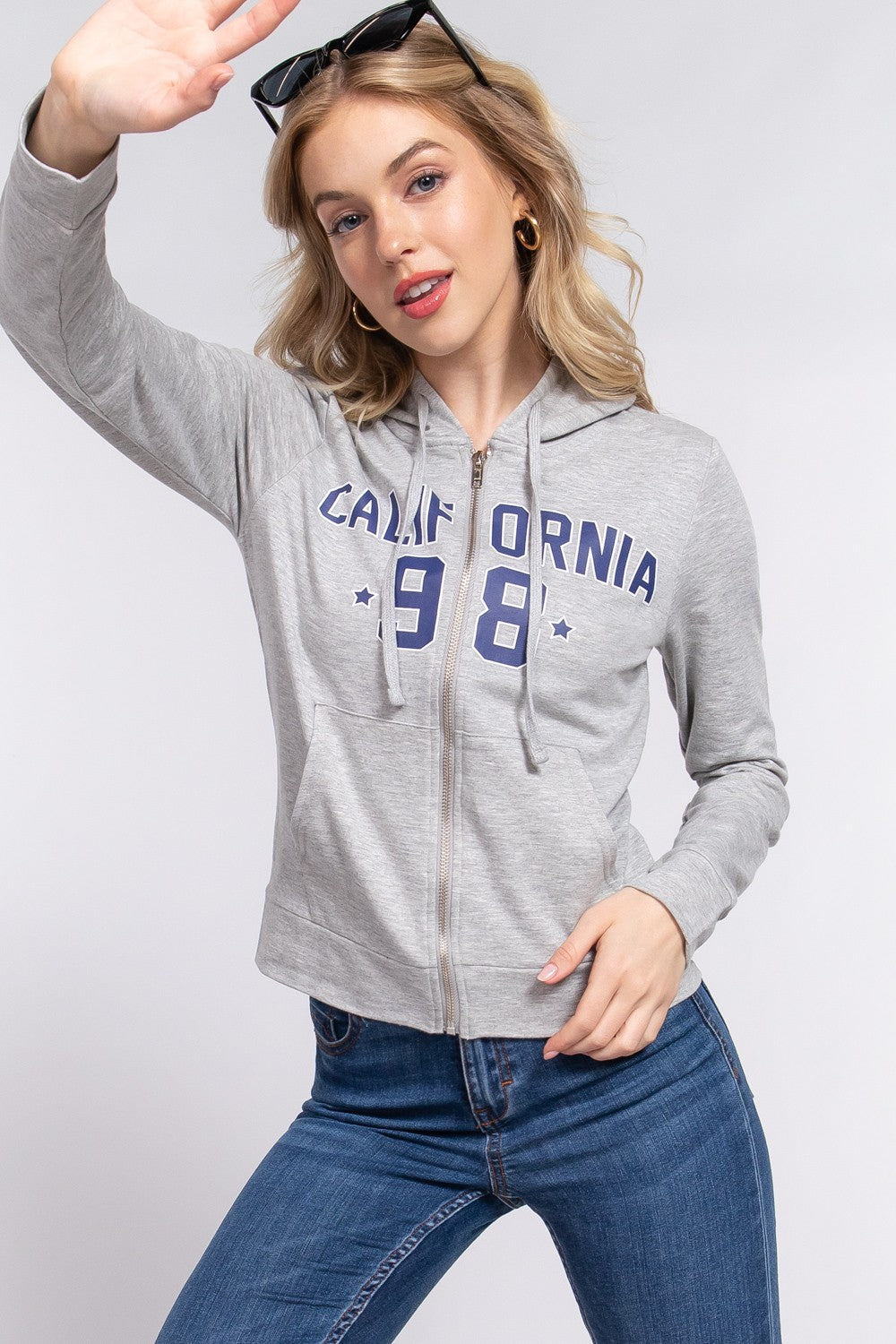 BASIC CALIFORNIA Zip Up Drawstring Long Sleeve Hoodie