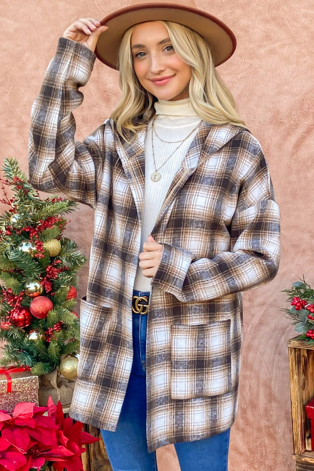 Plaid Open Front Hooded Shacket