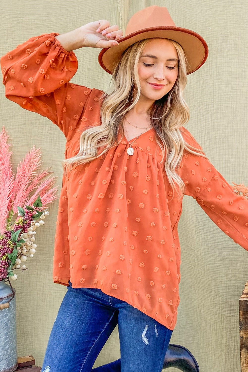 V Neck Balloon Sleeve Woven Blouse