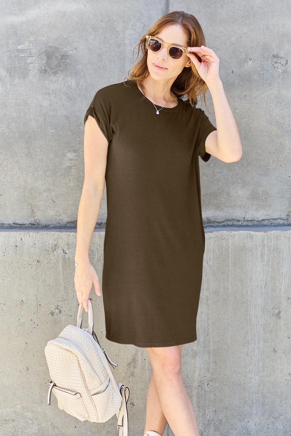 Full Size Round Neck Short Sleeve Dress with Pockets