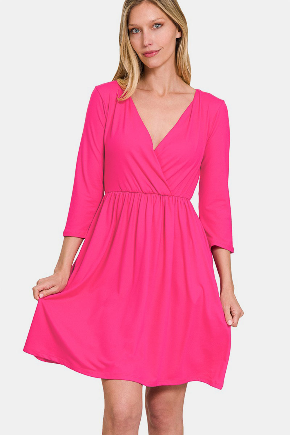 Three-Quarter Sleeve Surplice Dress with Pockets