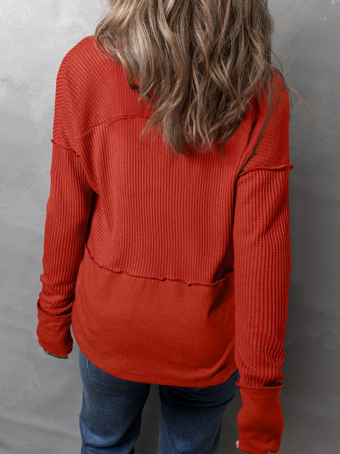 Waffle-Knit Notched Long Sleeve T-Shirt