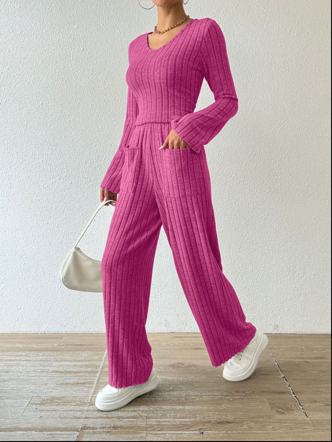 Ribbed V-Neck Long Sleeve Top and Pocketed Pants Set