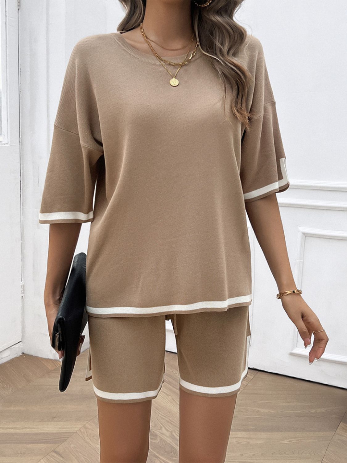 Trim Round Neck Top and Shorts Set