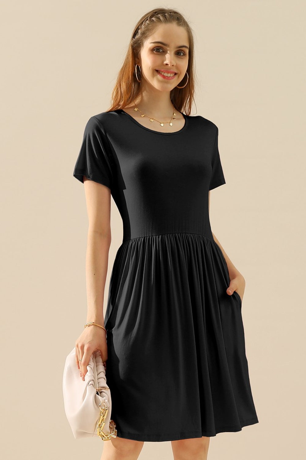 Full Size Round Neck Ruched Dress with Pockets