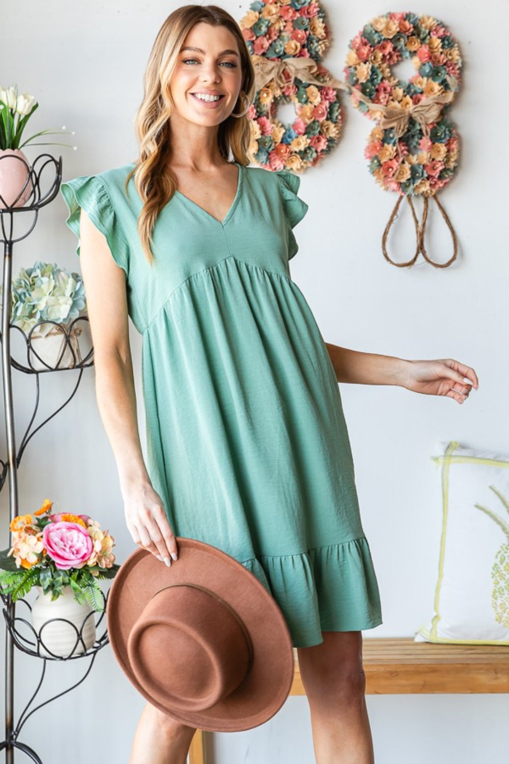 Full Size Short Sleeve V Neck Ruffled Hem Dress