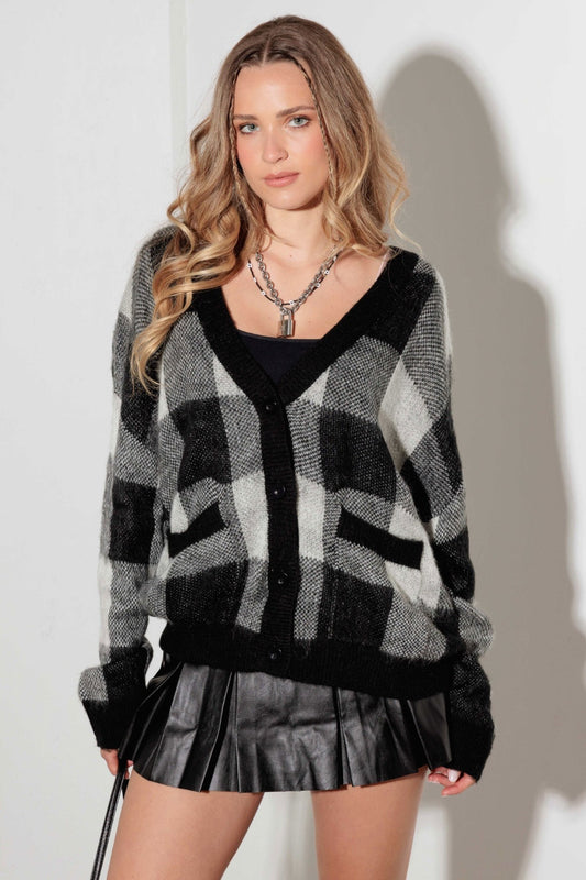 V-Neck Checkered Cardigan with Pockets