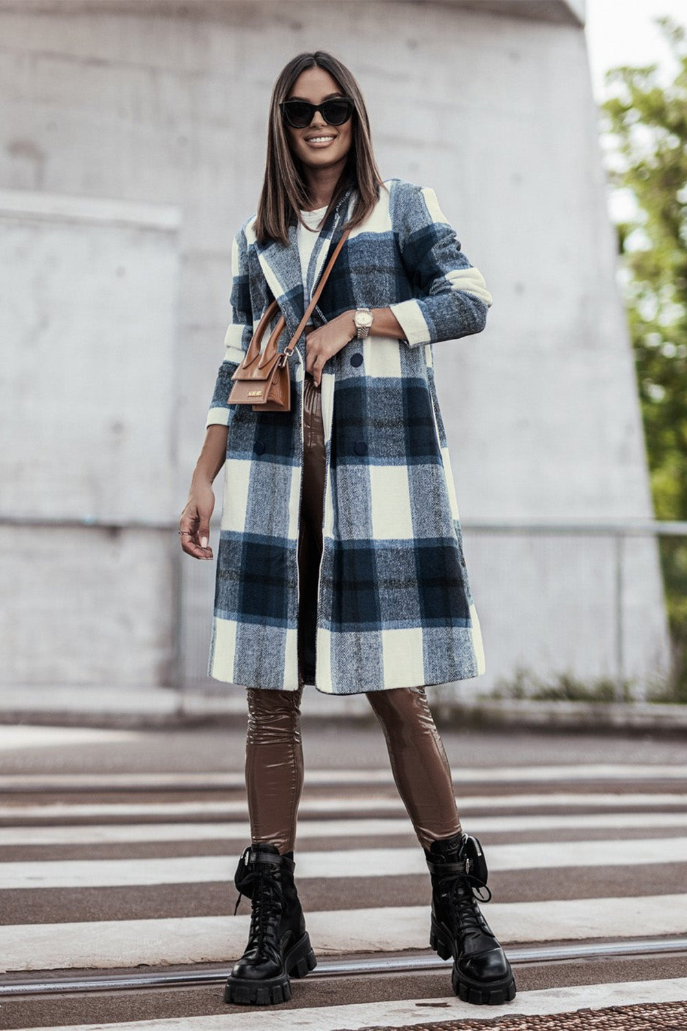 Full Size Plaid Button Up Lapel Collar Coat