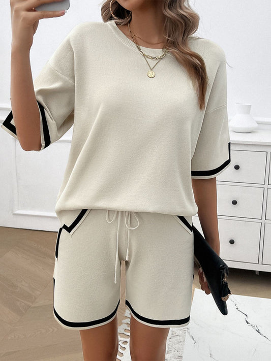 Trim Round Neck Top and Shorts Set