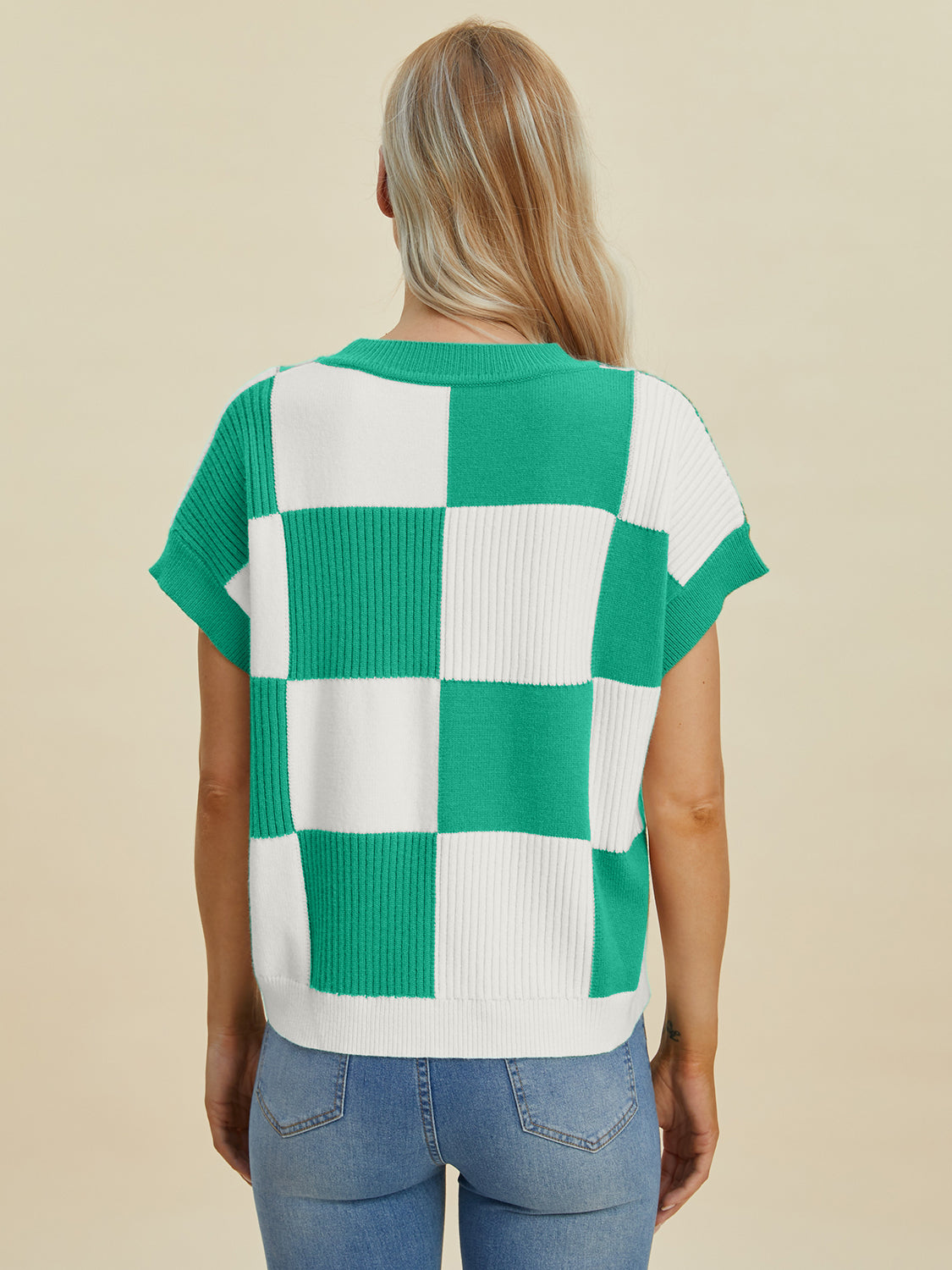 Full Size Checkered Round Neck Short Sleeve Sweater