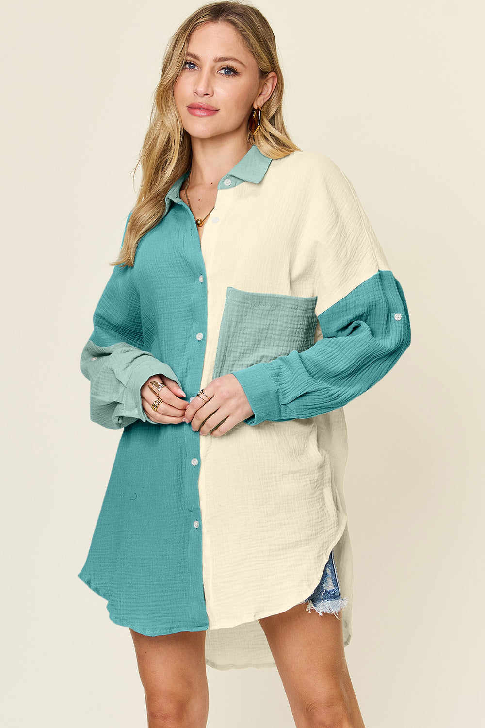 Full Size Pocketed Texture Button Up Shirt