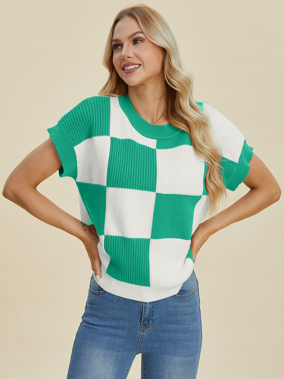 Full Size Checkered Round Neck Short Sleeve Sweater