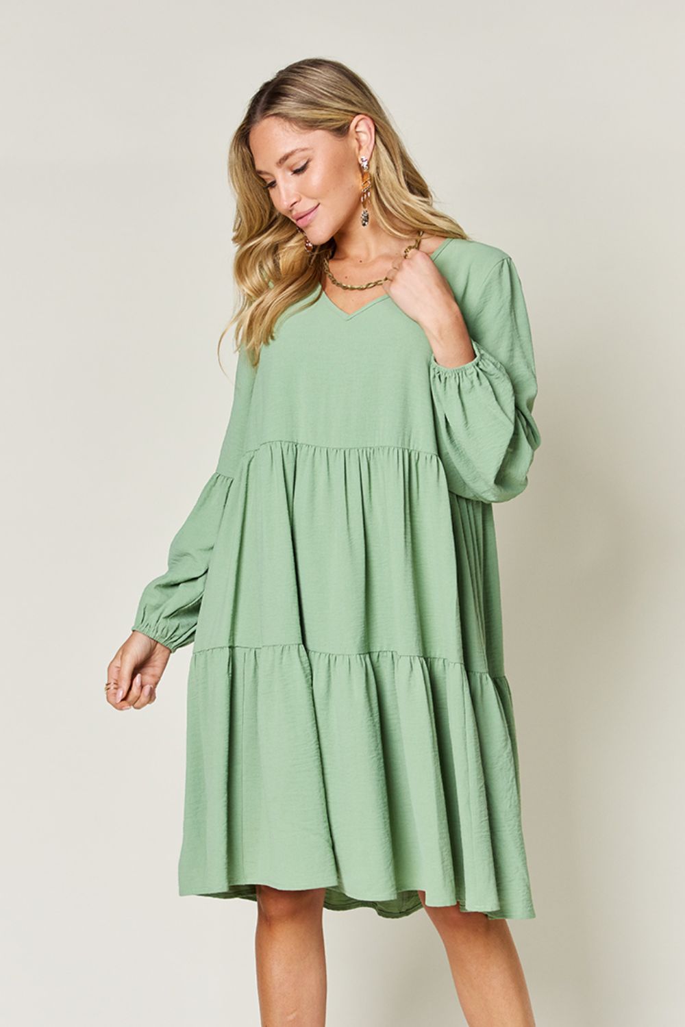 Full Size V-Neck Balloon Sleeve Tiered Dress with Pockets