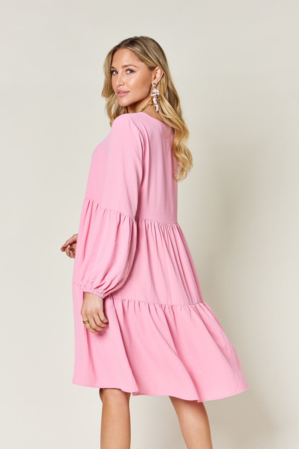 Full Size V-Neck Balloon Sleeve Tiered Dress with Pockets