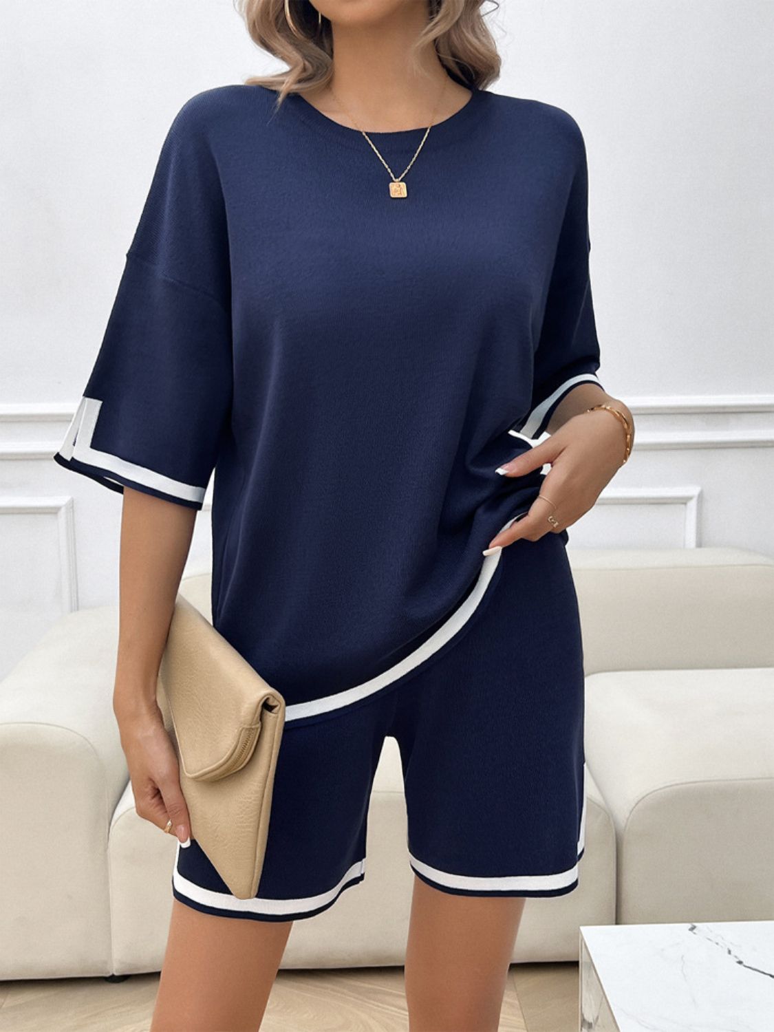 Trim Round Neck Top and Shorts Set